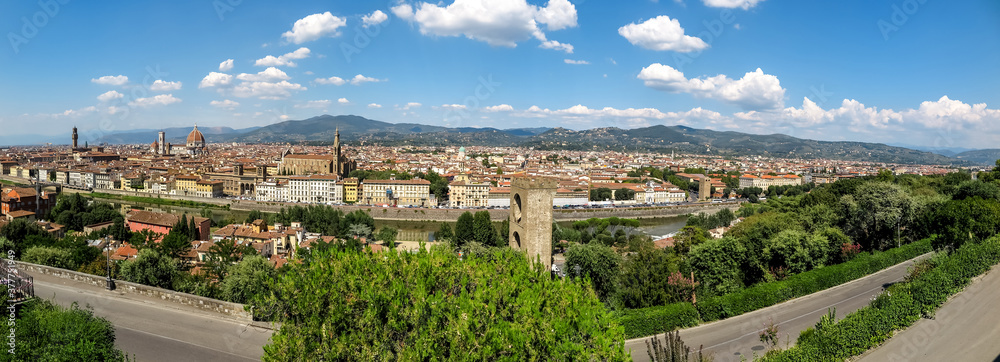 General panorama of the city of Florence, with the Cathedral of Santa Maria del Fiore, Duomo in the background, city of Florence, capital of the Tuscan region, Italy