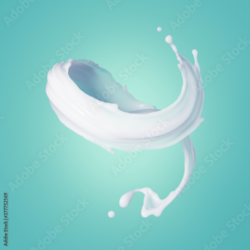 Fotografie, Obraz 3d render, spiral milk splash clip art isolated on turquoise blue background, mi