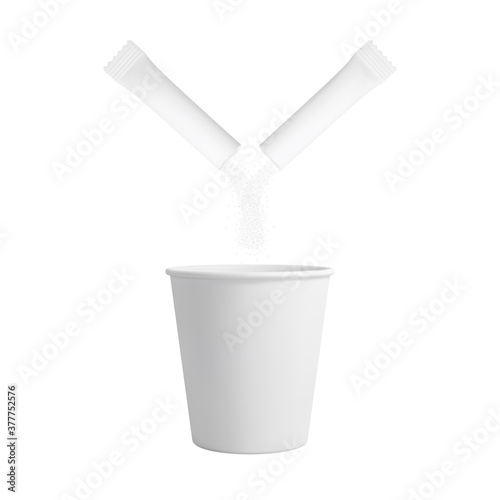 White paper coffee cup and falling sugar from torn sugar stick. Realistic vector mockup.