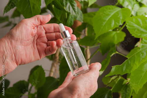   Organic biocosmetics with natural ingredients in hands close-up and copy space. Anti-aging cosmetics in elderly wrinkled hands and plant texture. photo