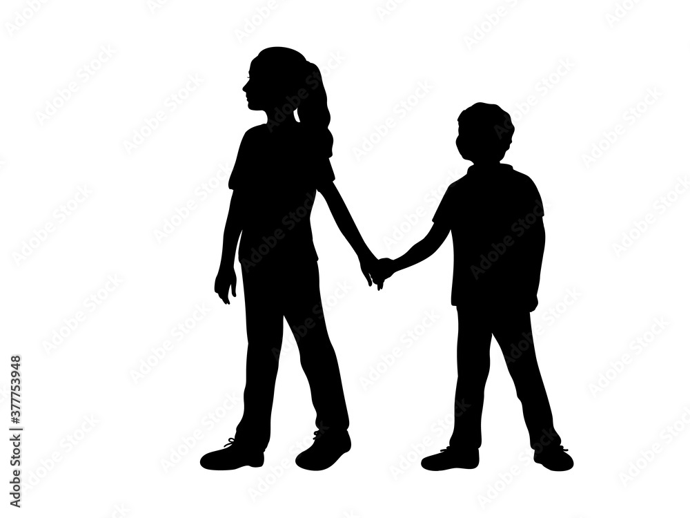 Silhouettes of girl older sister guides boy younger brother