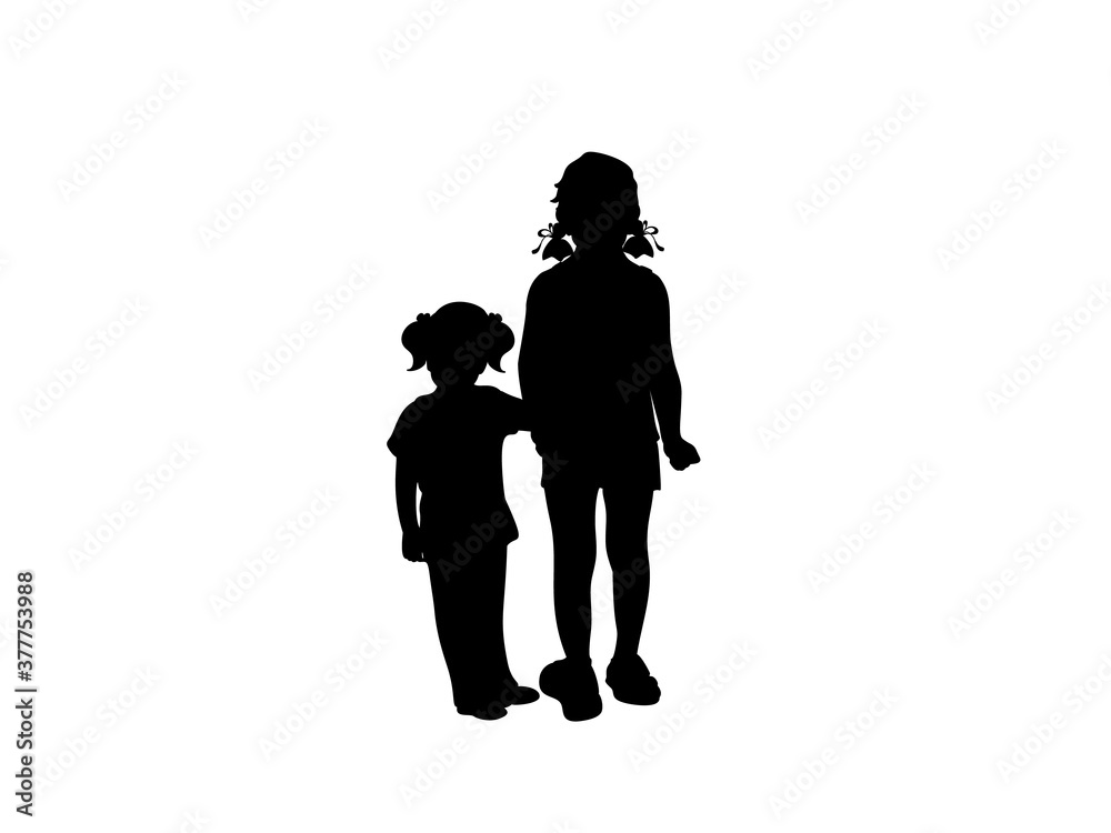 Silhouettes of two little girls sisters friends.