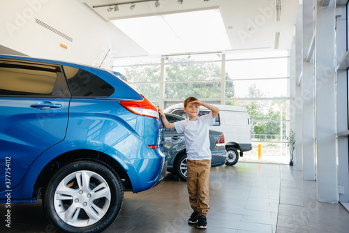 At a car dealership, a happy boy stands near a new car before buying it. Car purchase © Andrii