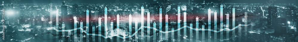 Fototapeta premium Finance Chart Overlaid on modern City. Panoramic Banner Concept.