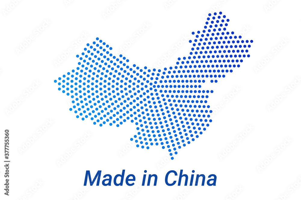 Map icon of China. Vector logo illustration with text Made in China. Blue halftone dots background. Round pixels. Modern digital graphic design.
