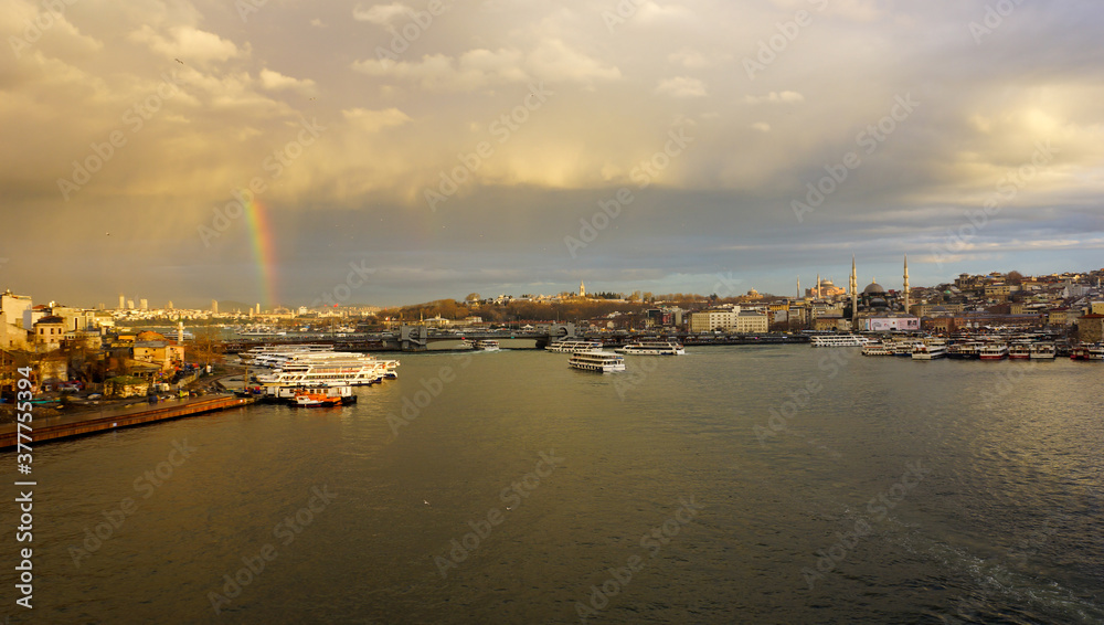 Sunset and rainbow over the Bosporus, Istanbul