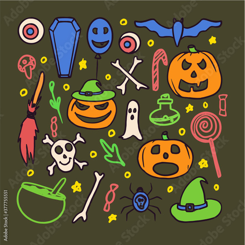 Fototapeta Naklejka Na Ścianę i Meble -  halloween kit, smiling, funny, terrible, fearsome pumpkin, broom, hat, candy, bat, spider, flask in color on a dark green background in vector