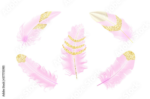 Silver, pink and gold glitter feathers.Boho style elements,tattoo template.