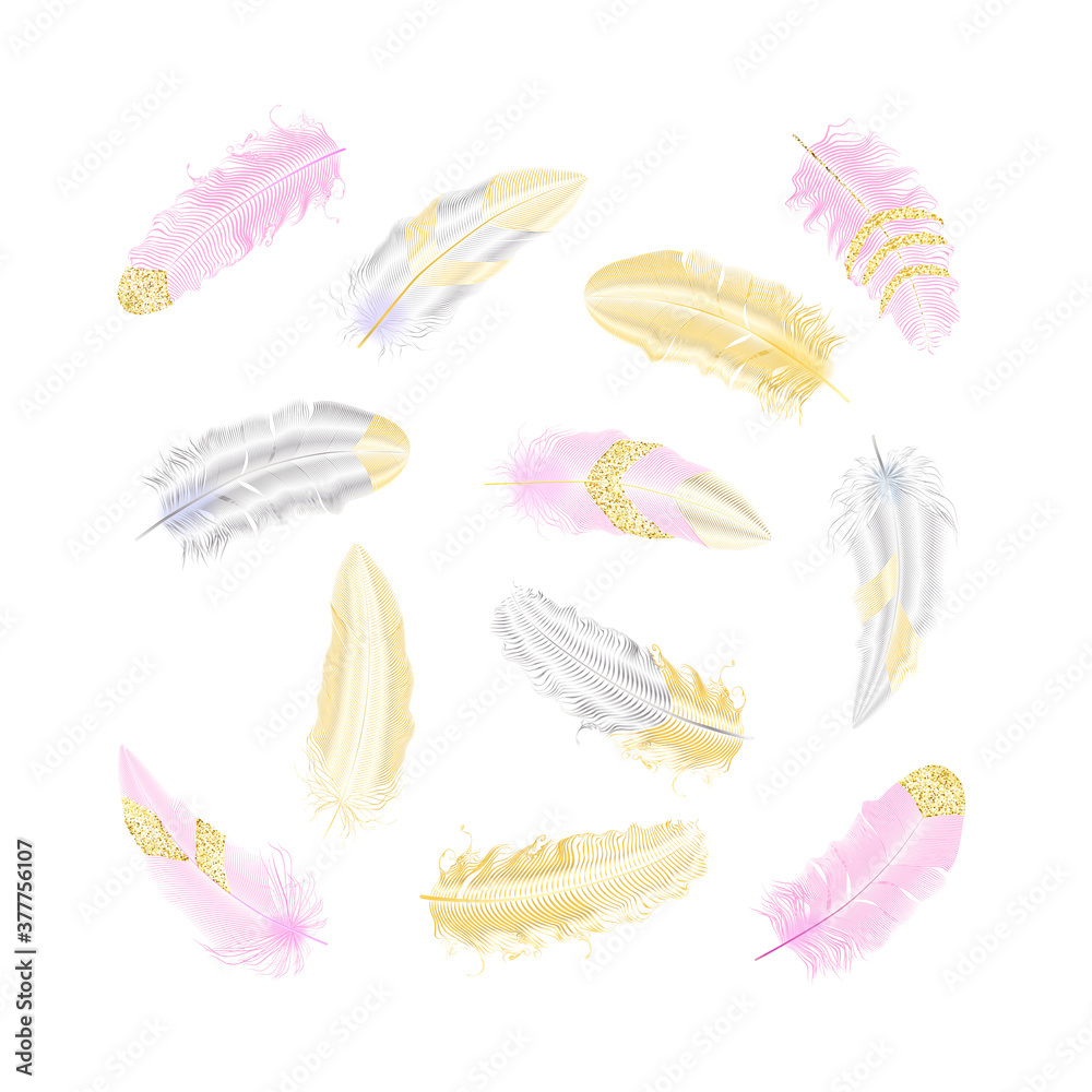 Obraz premium Silver, pink and gold glitter feathers.Boho style elements,tattoo template.