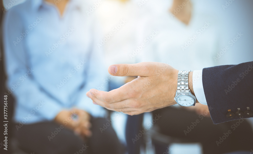 Business man making presentation to group of people in sunny office. Speaker delivering a seminar to his colleagues or business training. Teamwork and coaching concept