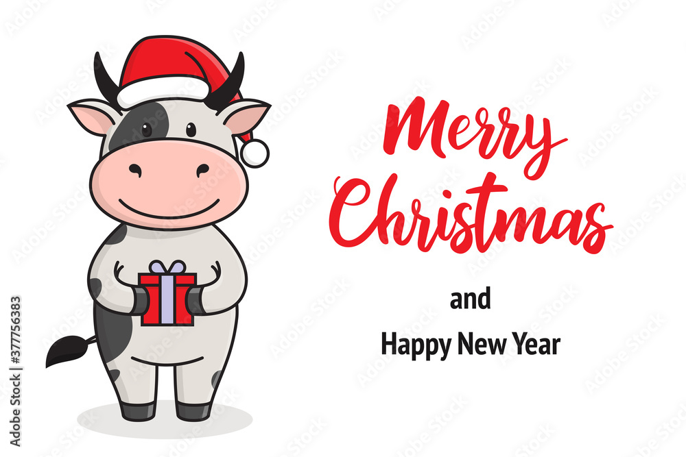 Cute Christmas card with cow or bull. Ox is symbol of the year 2021 according to the Chinese calendar. Ready-to-print greeting card with handwritten greeting Cute Christmas card with cow or bull. Ox is symbol of the year 2021 according to the Chinese calendar. Ready-to-print greeting card with handwritten greeting