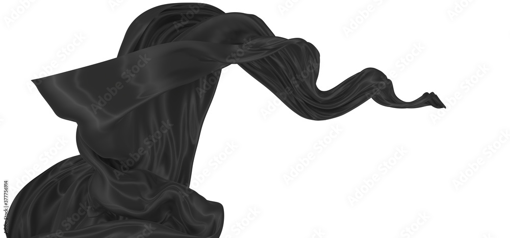 Beautiful flowing fabric of black wavy silk or satin. 3d rendering image. Beautiful flowing fabric of black wavy silk or satin. 3d rendering image.