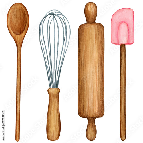 Watercolor cooking tool set wooden utensils