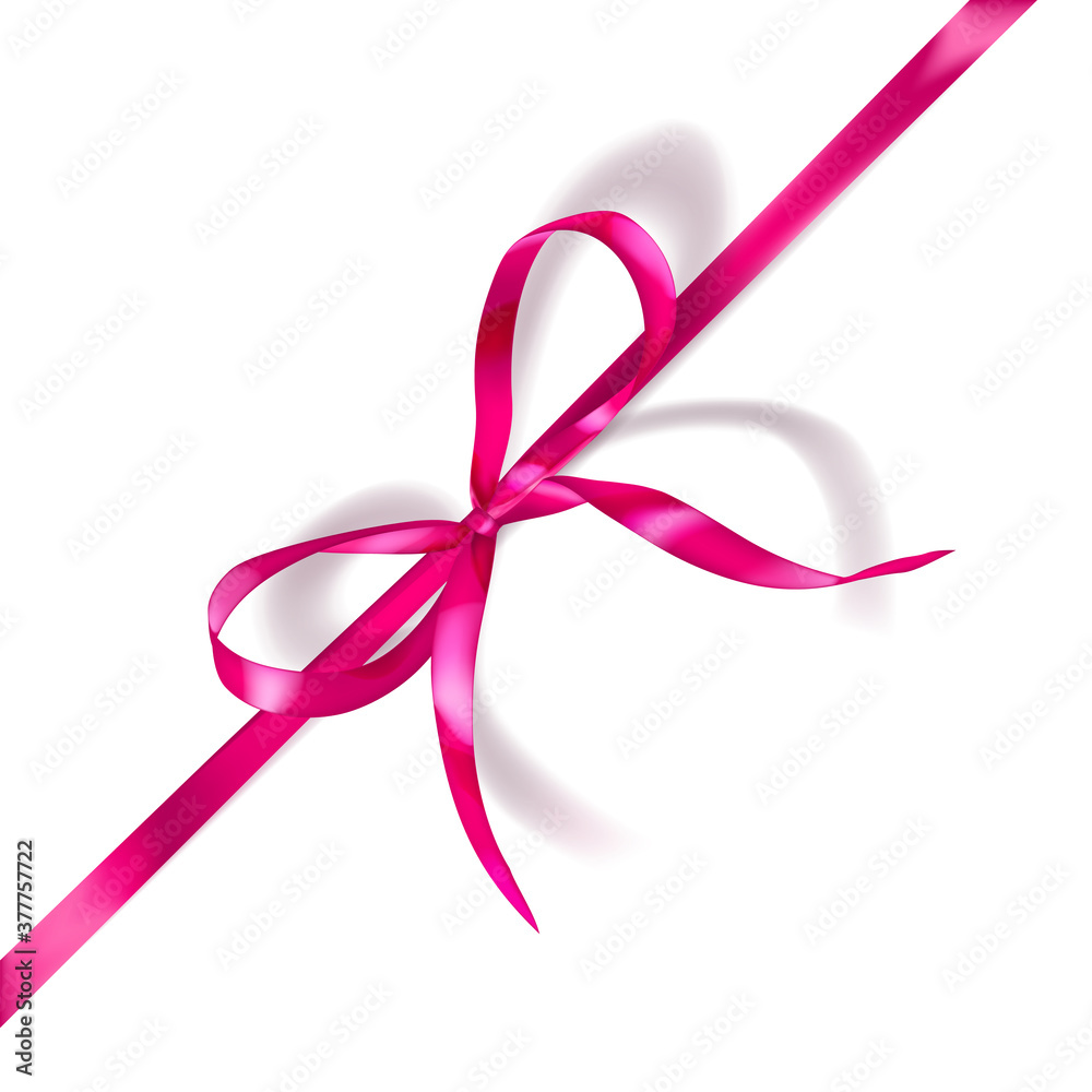 Pink bow made of narrow ribbon with shadow on white background. Diagonal arrangement