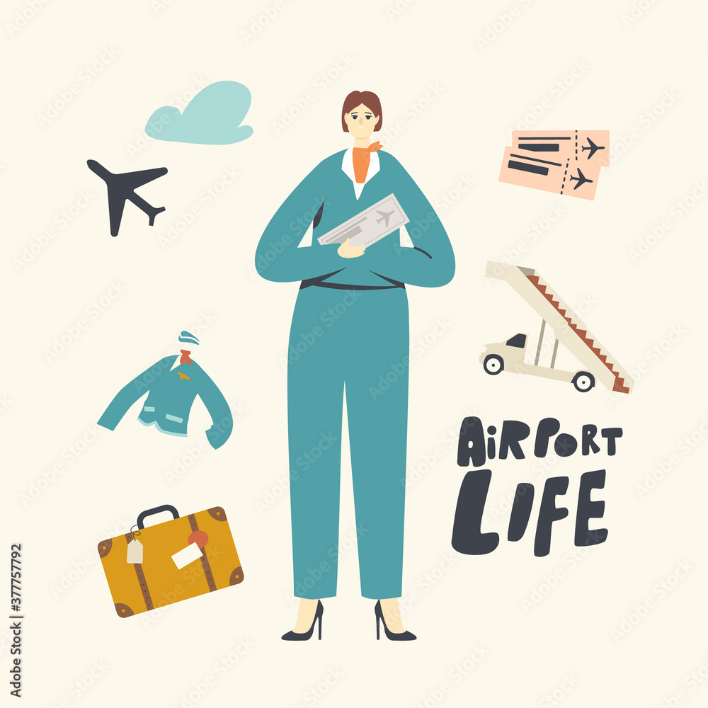 Stewardess Character Wear Uniform Holding Tickets in Hand Invite Passengers. Airline Transportation Service, Plane Crew Stewardess Character Wear Uniform Holding Tickets in Hand Invite Passengers. Airline Transportation Service, Plane Crew
