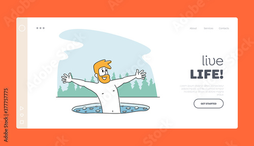Male Character Swimming in Ice Hole in Winter Season Landing Page Template. Man Temper, Holy Epiphany Day. Healthy Life