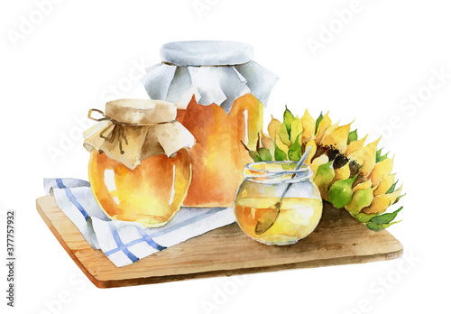 Watercolor composition of jars of honey