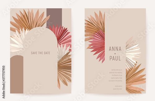 Wedding invitation boho tropical palm leaves card, frame set, dry leaves modern minimal terracotta template vector. Botanical Save the Date golden foliage poster, trendy design, luxury background