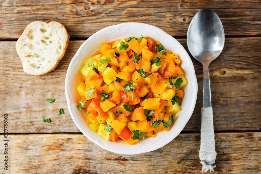Pumpkin potato carrot stew in the bowl Pumpkin potato carrot stew in the bowl