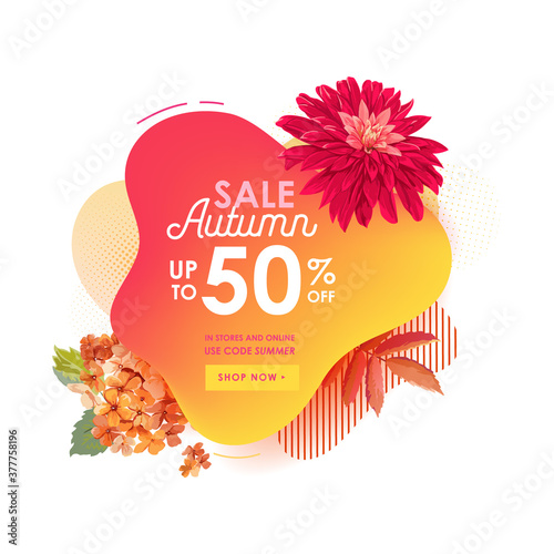 Thanksgiving sale discount concept banner template, Liquid abstract bubble with Autumn flowers vector illustration. Promo badge for seasonal offer, promotion, advertising for web, ui, voucher