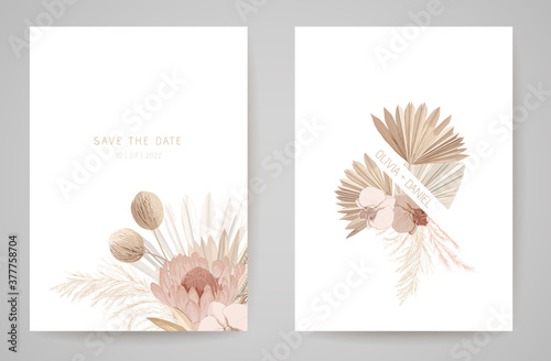 Wedding invitation dried tropical palm leaves, flowers card, dry pampas grass watercolor minimal template vector. Botanical Save the Date golden foliage modern poster, trendy design, luxury background