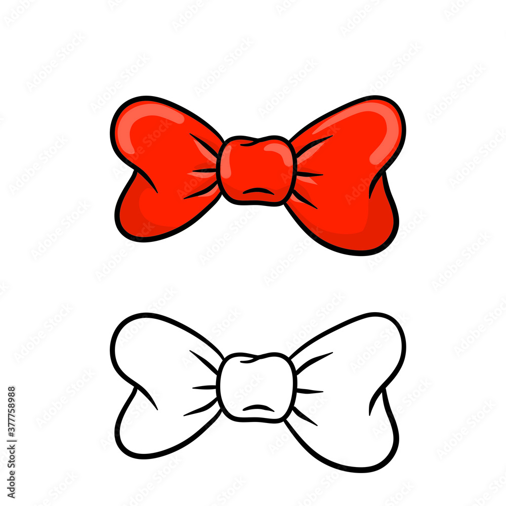 Red bow. Clothing decoration and women hair accessories. Set of color and  black and white objects. Cartoon illustration Stock Vector | Adobe Stock