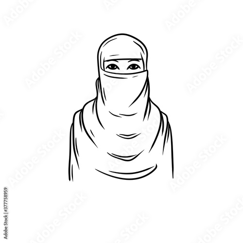 Arab woman in hijab. National Oriental clothing. Headscarf on head. Muslim Islamic culture and the niqab. Cartoon black and white drawn illustration