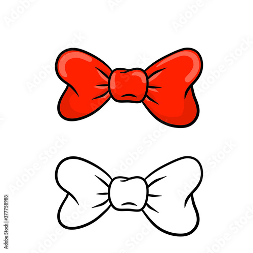 Red bow. Clothing decoration and women hair accessories. Set of color and black and white objects. Cartoon illustration