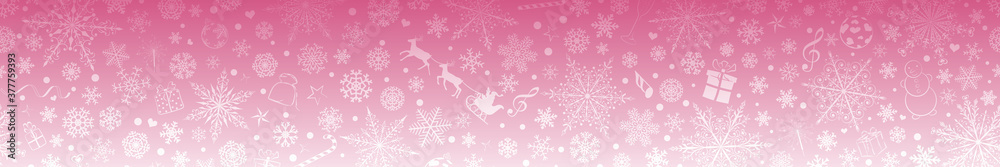 Christmas banner of various snowflakes and holiday symbols, in pink colors