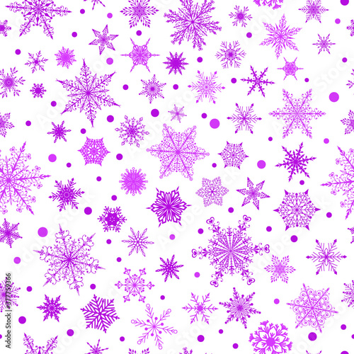 Christmas seamless pattern of various complex big and small snowflakes  purple on white background