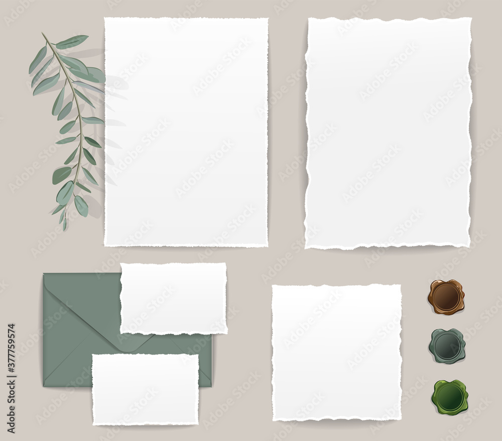Vector set of isolated stationery items for branding mock-up and colored wax seal. All templates with transparent shadows Vector set of isolated stationery items for branding mock-up and colored wax seal. All templates with transparent shadows