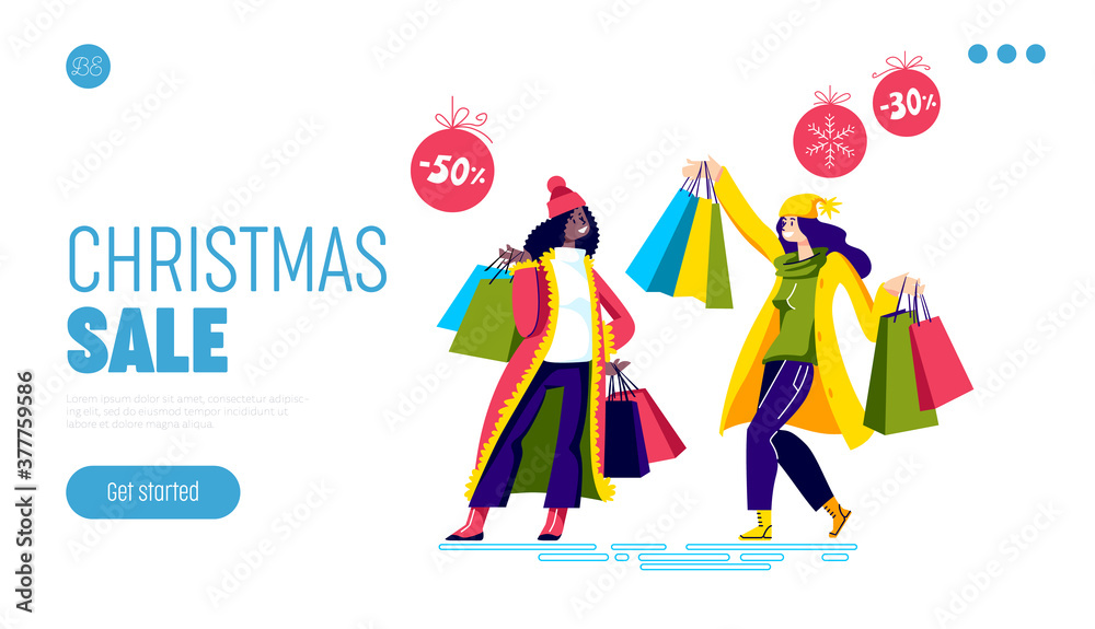 Christmas sale landing page design with happy women holding shopping bags Christmas sale landing page design with happy women holding shopping bags