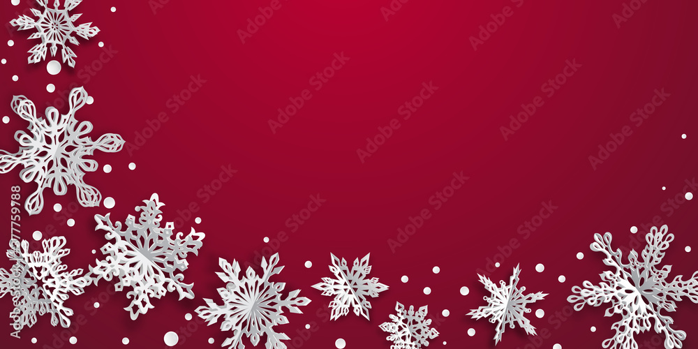 Christmas background with volume paper snowflakes with soft shadows on red background