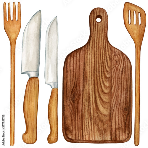 Watercolor cooking tool set wooden utensils