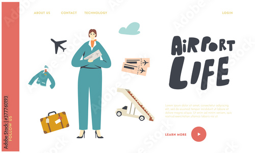 Airport Life Landing Page Template. Stewardess in Uniform Holding Tickets Invite Passengers. Airline Transportation