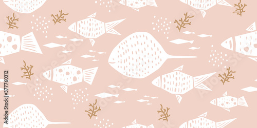 Trendy pattern with white fishes and gold algae on a pink background for printing, fabric, textile, manufacturing, wallpapers. Hand drawn seamless vector pattern