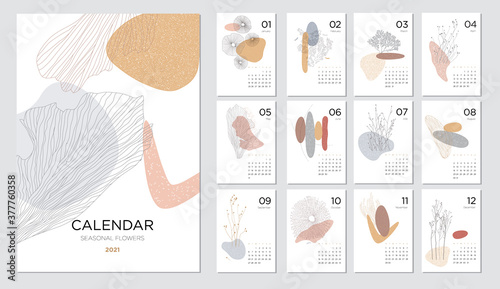 Calendar design concept with abstract natural elements. 2021 calendar template on a beauty themeSet of 12 months 2021 pages. Vector illustration