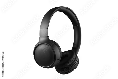 Black headphones isolated on white background. Full depth of field. Listening to music with headphones. High quality sound. photo