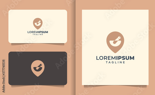mortar pin logo design concept with business card premium vector