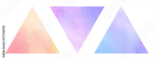 Colorful gradient watercolor vector triangles, pyramid shapes set. Geometric text frame template, graphic design element. Painted watercolour texture with gradient stains. Hand drawn background