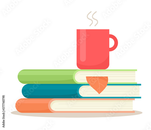 A stack of books with a mug of drink and an autumn leaf in a bookmark. Vector illustration in flat style.