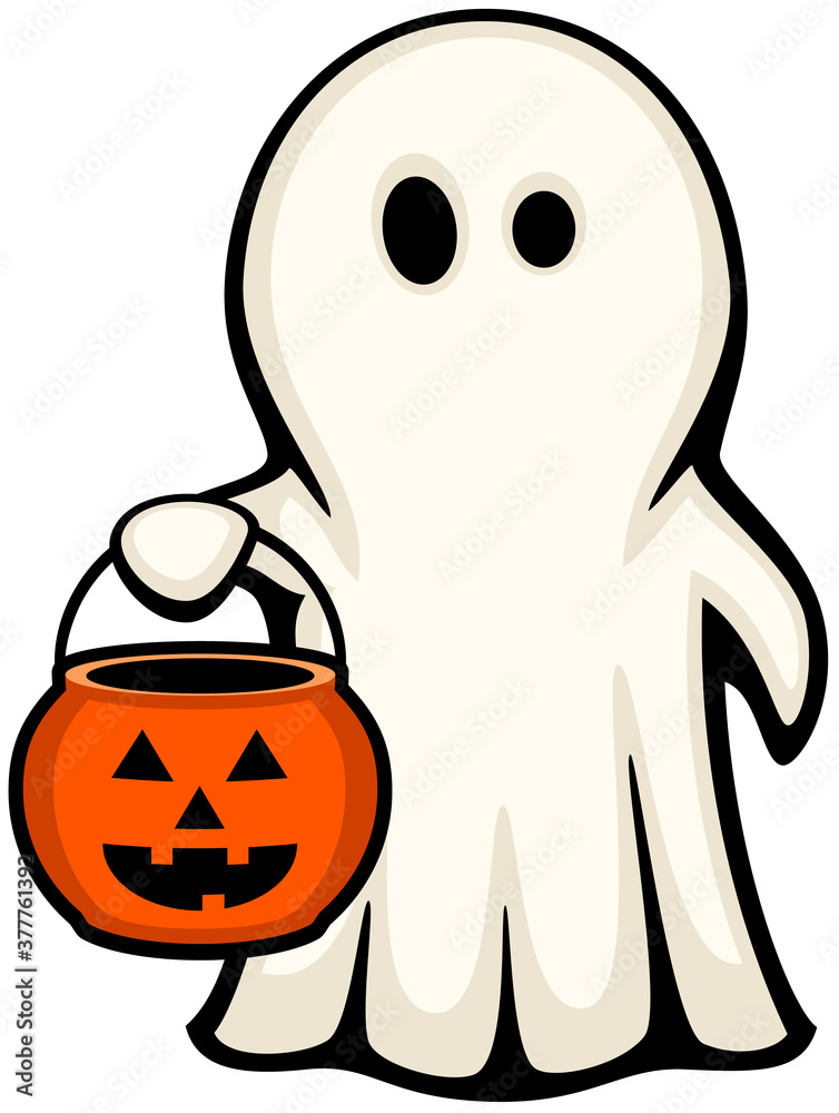 Vector illustration of a trick-or-treating cartoon ghost holding an orange, jack-o'-lantern candy bucket. Vector illustration of a trick-or-treating cartoon ghost holding an orange, jack-o'-lantern candy bucket.
