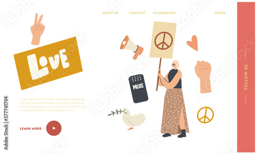 Woman with Placard Protesting on Strike Landing Page Template. Female Activist Character with Peace Sign Banner Protest