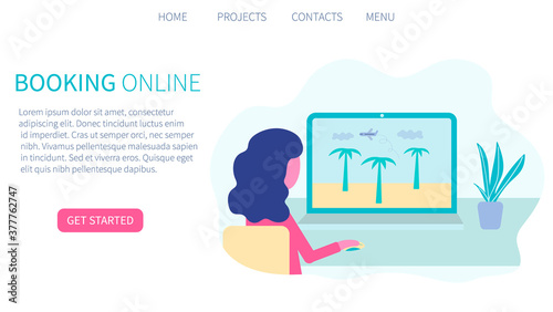 Booking online concept. Travel air tickets and resort hotel website. Flight ticket or insurance reserve from distance for vacation holiday tourism trip. Landing page template in flat design.