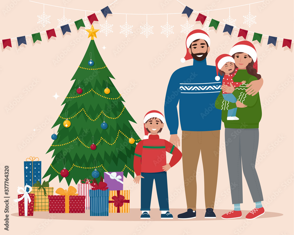 Happy family for Christmas. Cute vector illustration in flat style for banner, poster, greeting card, flyer or landing page Happy family for Christmas. Cute vector illustration in flat style for banner, poster, greeting card, flyer or landing page