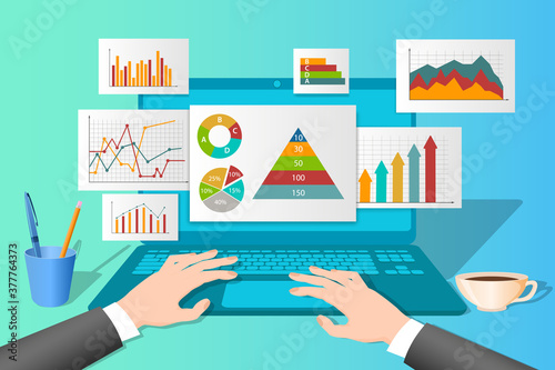 A businessman studies data on his laptop.The concept of remote work, office work, and freelancing.Infographic business and Finance.Flat vector illustration.