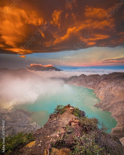 Fantastic panorama of Ijen crater lake  Indonesian. Beauty of nature concept background.