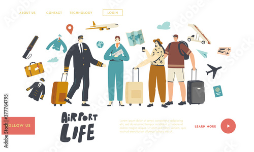 Characters in Airport Landing Page Template. People Boarding on Airplane. Travelers and Aircraft Pilot with Stewardess