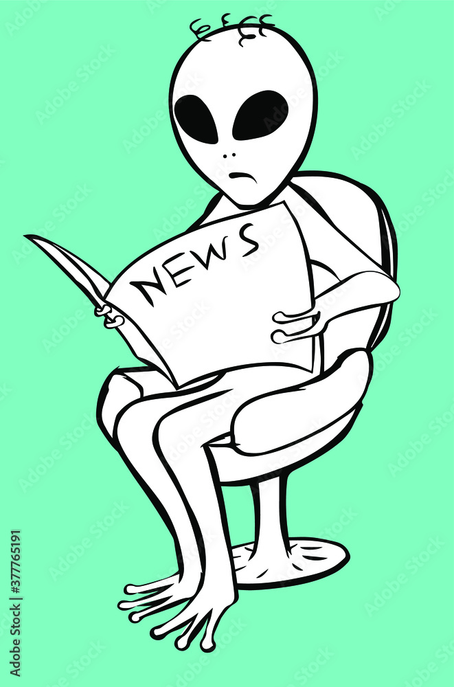 A hand-drawn vector illustration of a humanoid alien scared by the news, who is sitting on a chair and reading a newspaper.
