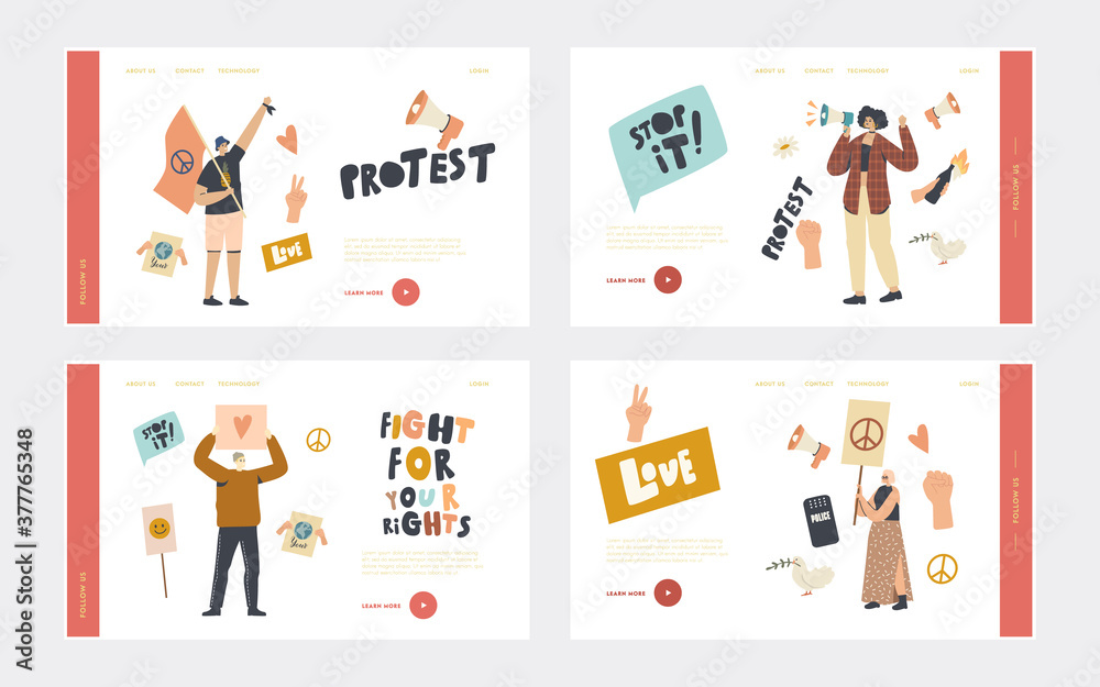 Activist Characters Protest for Love and Peace on Riot Picket Landing Page Template Set. Protesting People with Placards